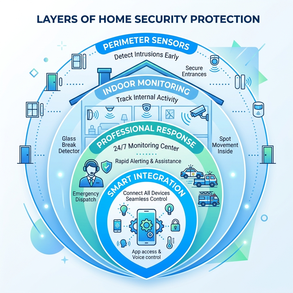 Layers of home security protection: perimeter sensors, indoor monitoring, professional response, and smart integration Layers of home security protection: perimeter sensors, indoor monitoring, professional response, and smart integration