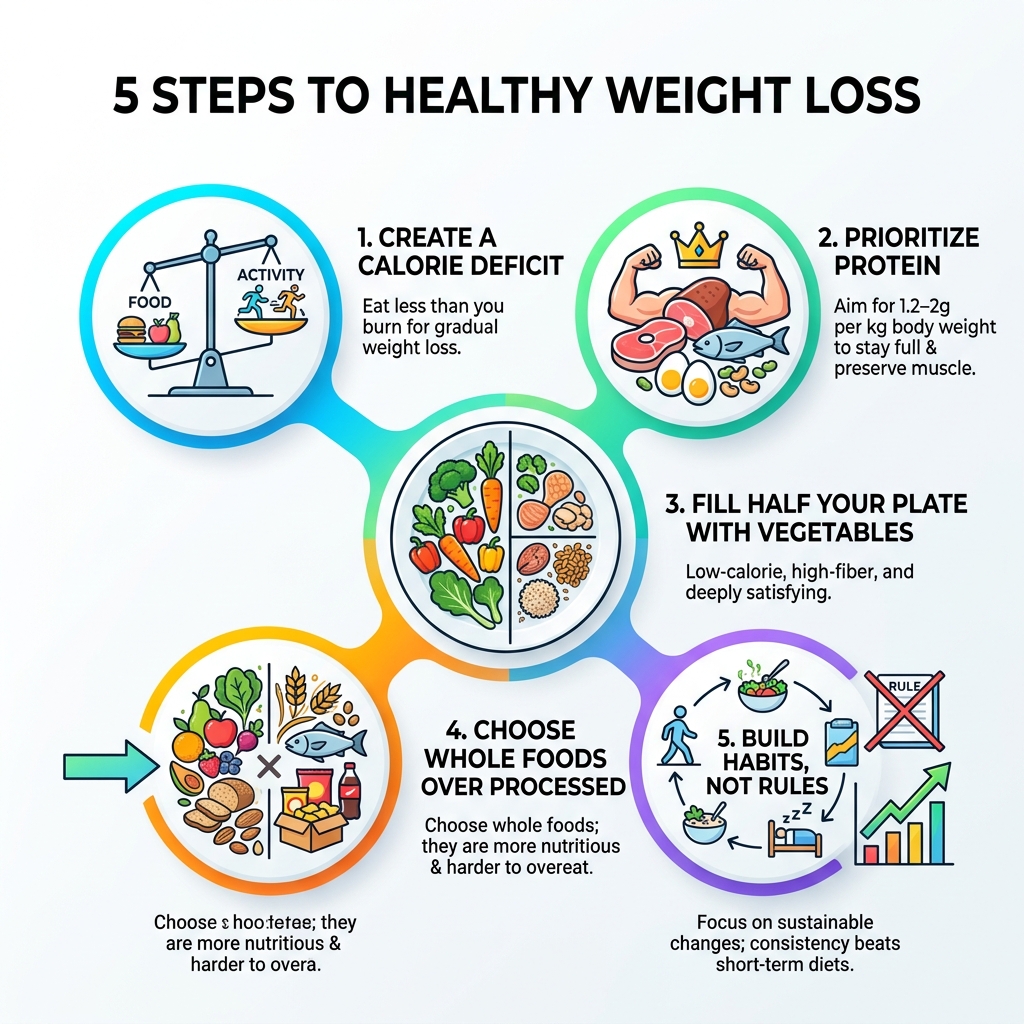 5 steps to healthy weight loss: deficit, protein, vegetables, whole foods, habits - weight loss nutrition guide infographic 