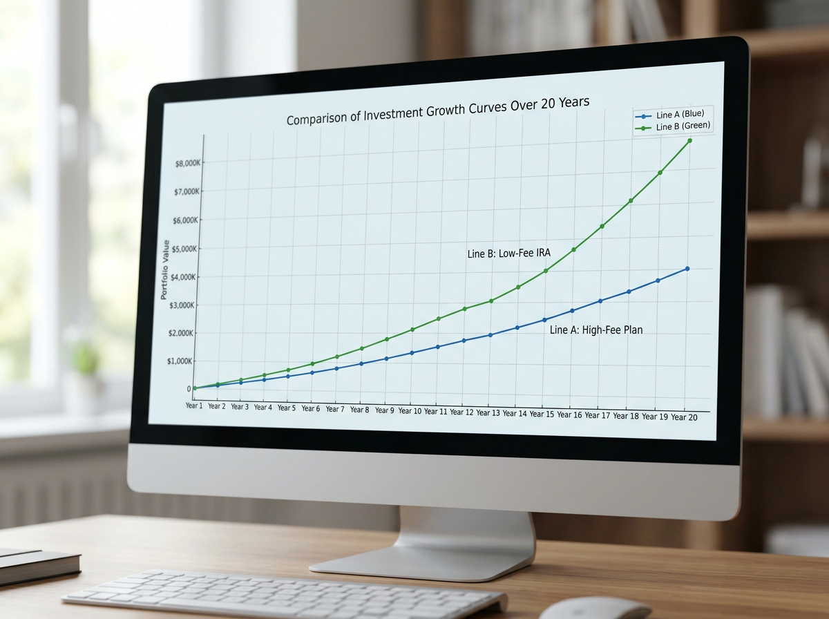 investment growth chart comparing high-fee plan vs low-fee rollover IRA