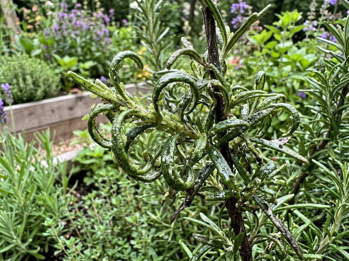 distorted rosemary leaves showing signs of aphid feeding damage - natural remedies for aphids