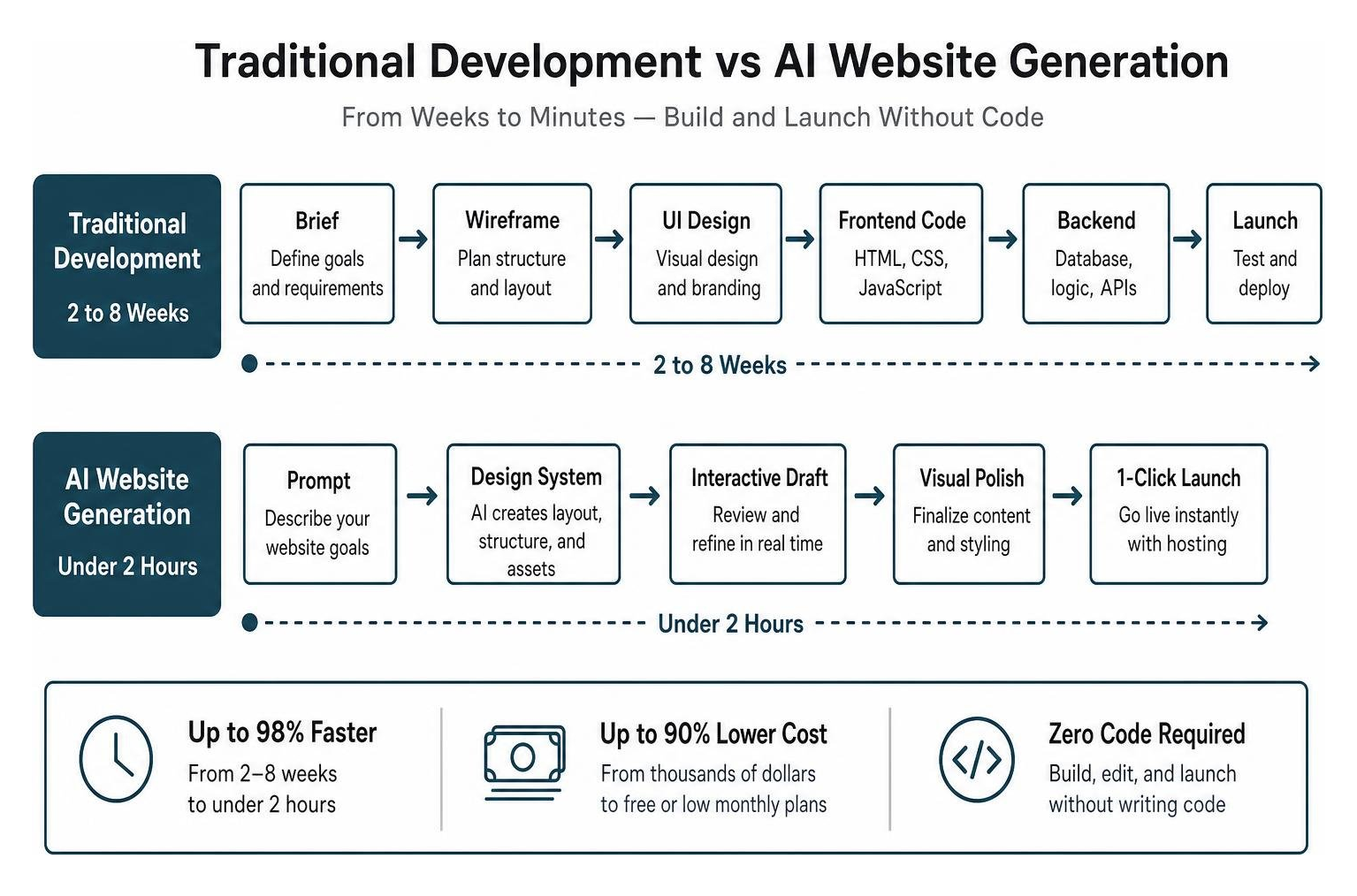 comparison timeline of traditional development versus AI website generation