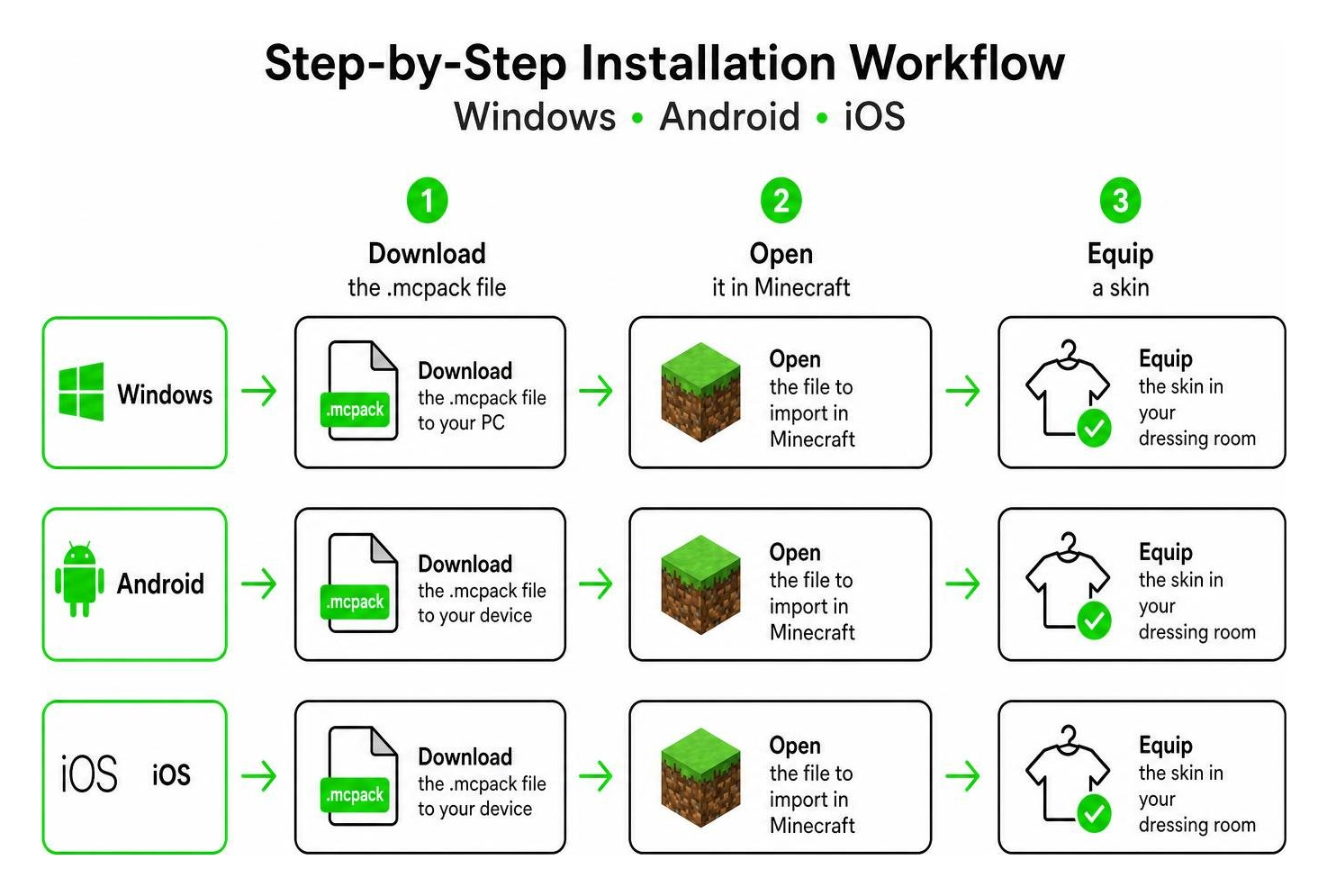 Step by step installation workflow for Windows Android and iOS