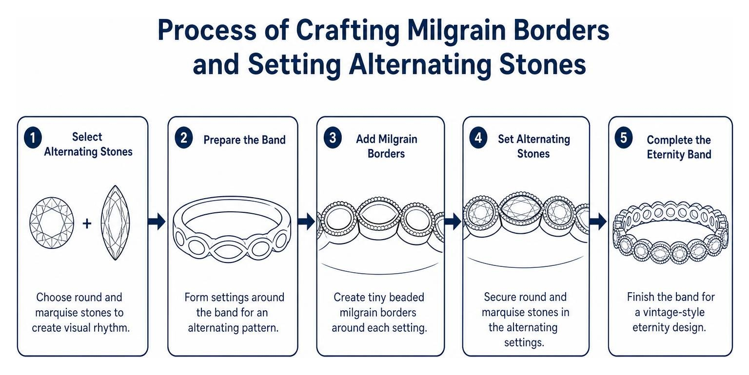 Process of crafting milgrain borders and setting alternating stones Process of crafting milgrain borders and setting alternating stones