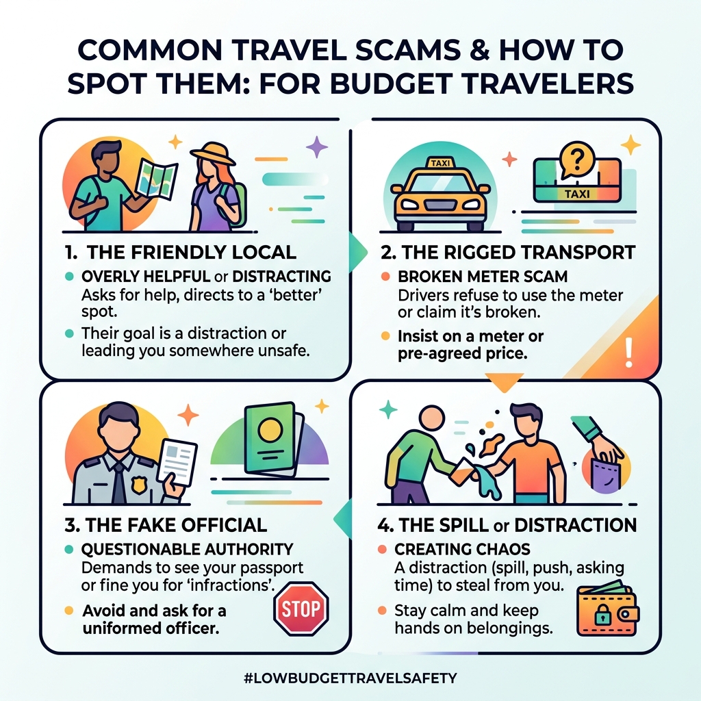 Common travel scams and how to spot them: infographic for budget travelers - low budget travel safety infographic 