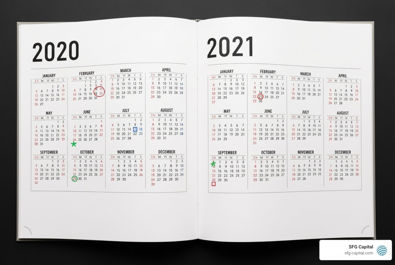 Calendar showing 2020 and 2021 with key dates highlighted - Employee Retention Credit specialist