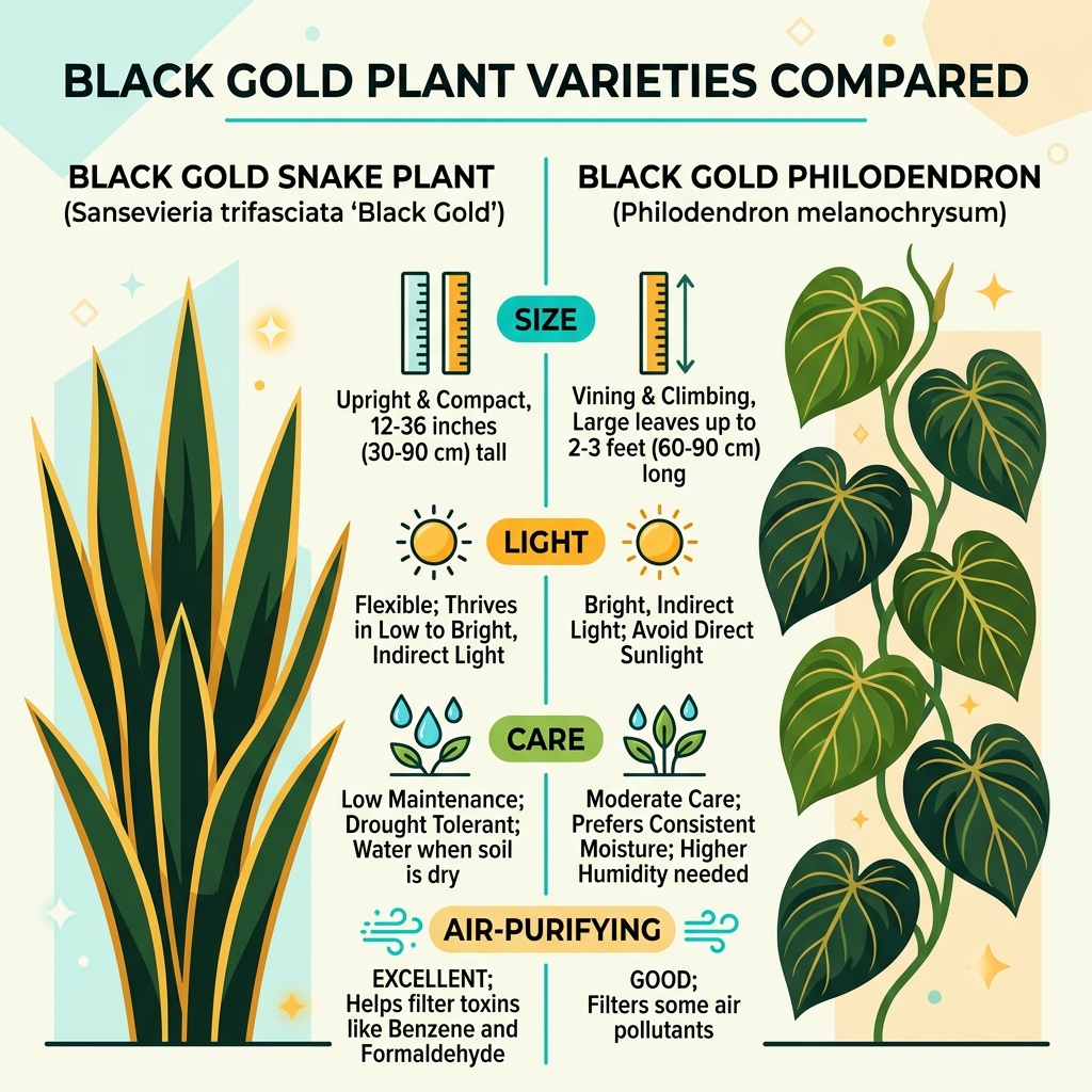 Infographic comparing Black Gold Snake Plant vs Philodendron melanochrysum: size, care, light, and air-purifying traits
