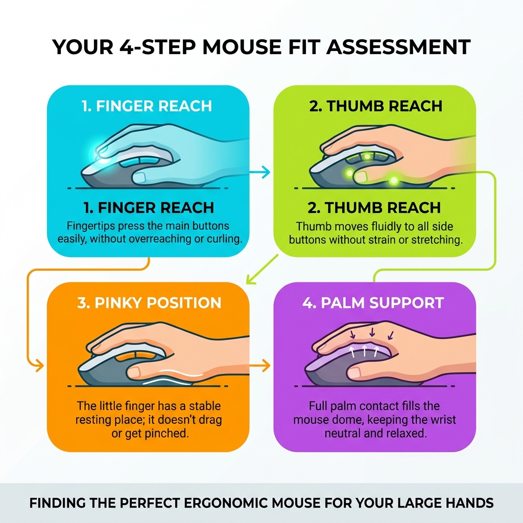 4-step mouse fit assessment infographic showing finger reach, thumb reach, pinky position, and palm support - most
