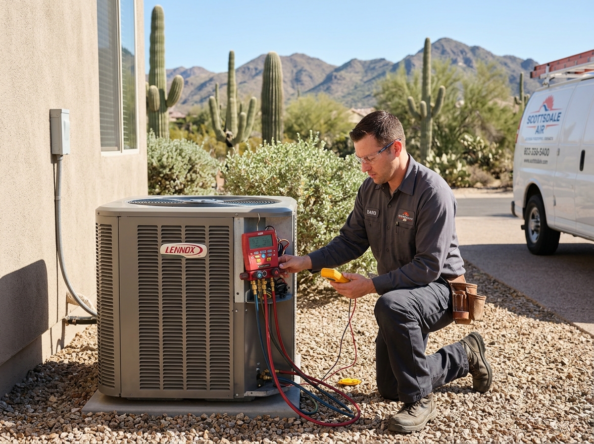 technician diagnosing an AC unit in Scottsdale - emergency repair professional in phoenix, az
