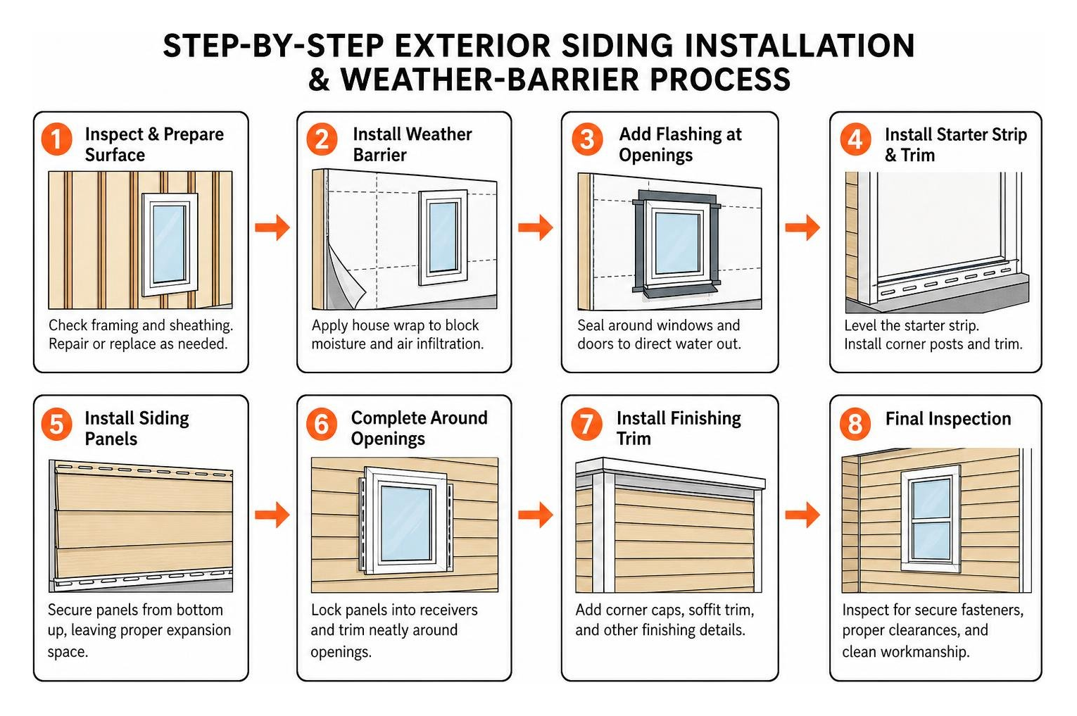 Step-by-step exterior siding installation and weather-barrier process Step-by-step exterior siding installation and weather-barrier process
