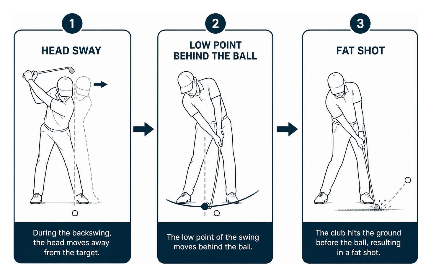 Biomechanical cause and effect: Head sway leads to a low point behind the ball, causing a fat shot