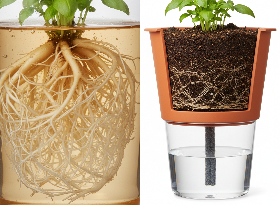 Comparison of hydroponic roots floating in water versus soil-based roots in a sub-irrigated container - Indoor herb garden