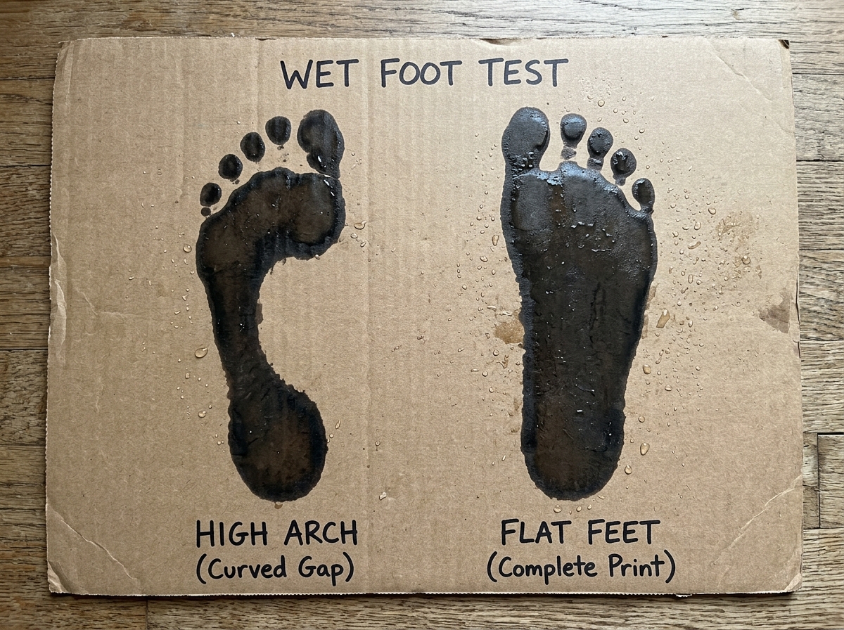 Wet foot footprint test showing flat foot versus high arch - inserts for fallen arches Wet foot footprint test showing flat foot versus high arch - inserts for fallen arches