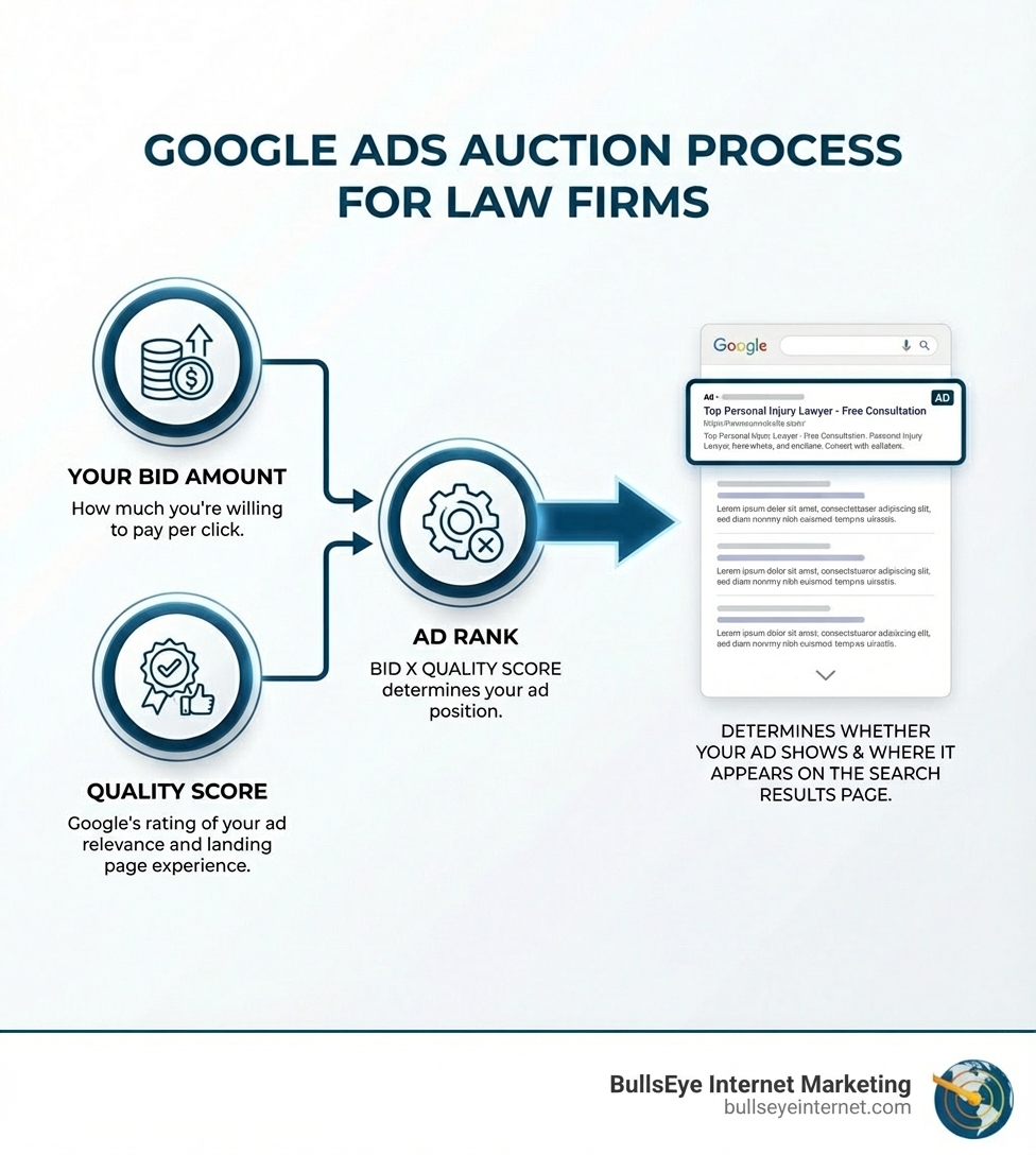infographic showing the Google Ads auction process with three main components: Your Bid Amount (how much you're willing to pay per click), Quality Score (Google's rating of your ad relevance and landing page experience), and Ad Rank (Bid x Quality Score determines your ad position), with arrows showing how these factors combine to determine whether your ad shows and where it appears on the search results page - ppc advertising for law firms infographic Google Ads auction process infographic for law firms, illustrating bid amount, quality score, and ad rank, with a smartphone displaying a Google search results page featuring a personal injury lawyer ad, branded with BullsEye Internet Marketing logo.