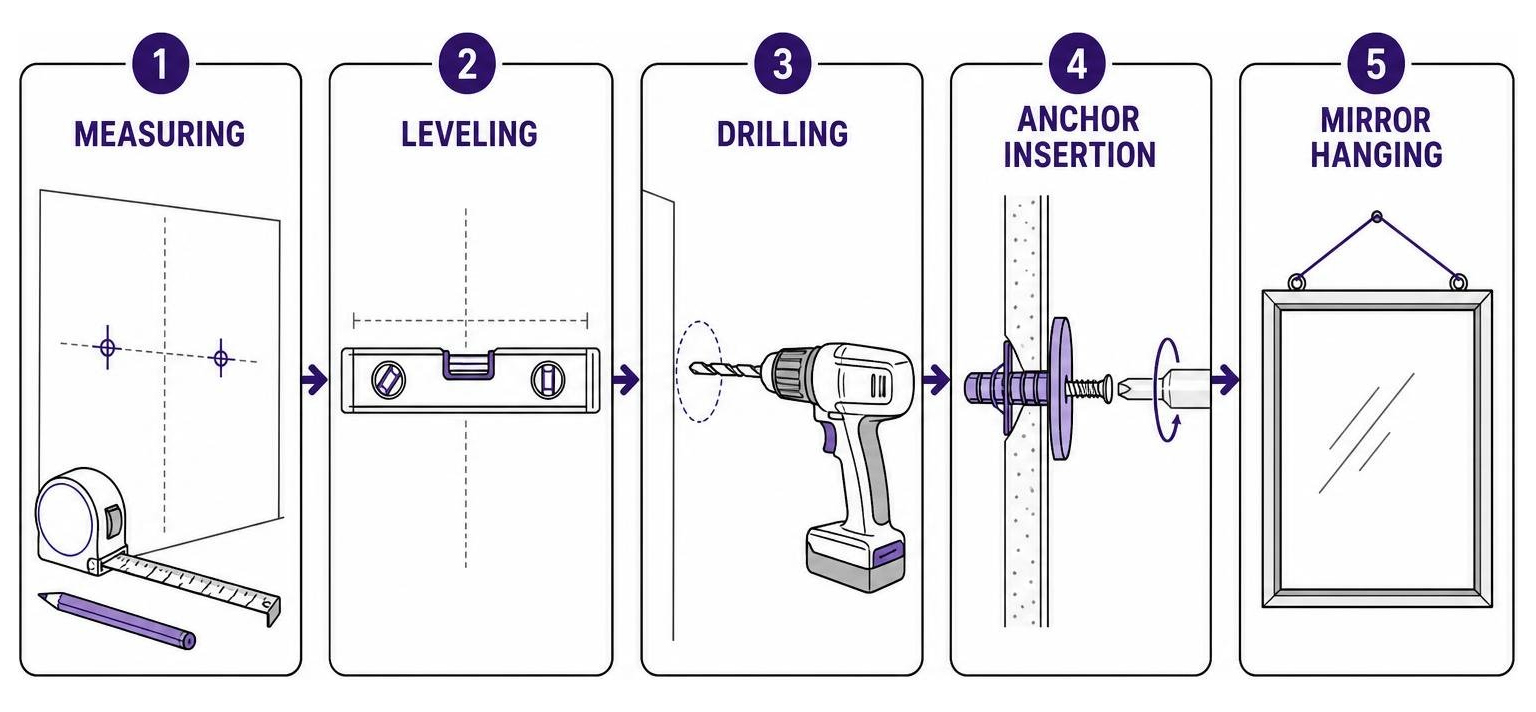 Process diagram showing measuring, leveling, drilling, anchor insertion, and mirror hanging