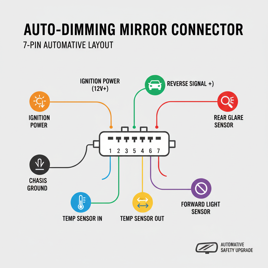 Infographic showing the 7-pin connector layout for an automotive auto-dimming mirror - automatic defogger mirror setup
