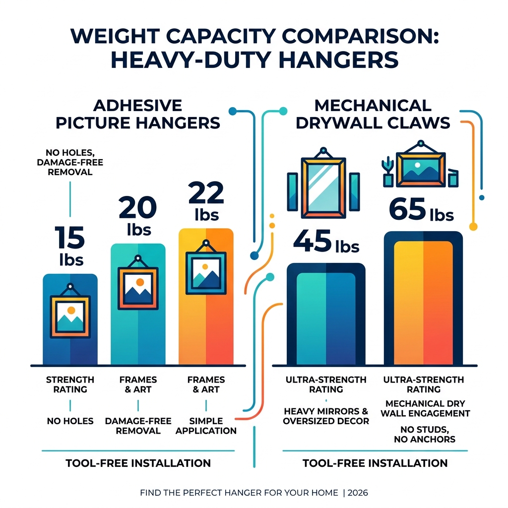 Weight capacity comparison chart for heavy-duty adhesive picture hangers and mechanical drywall claws - adhesive picture