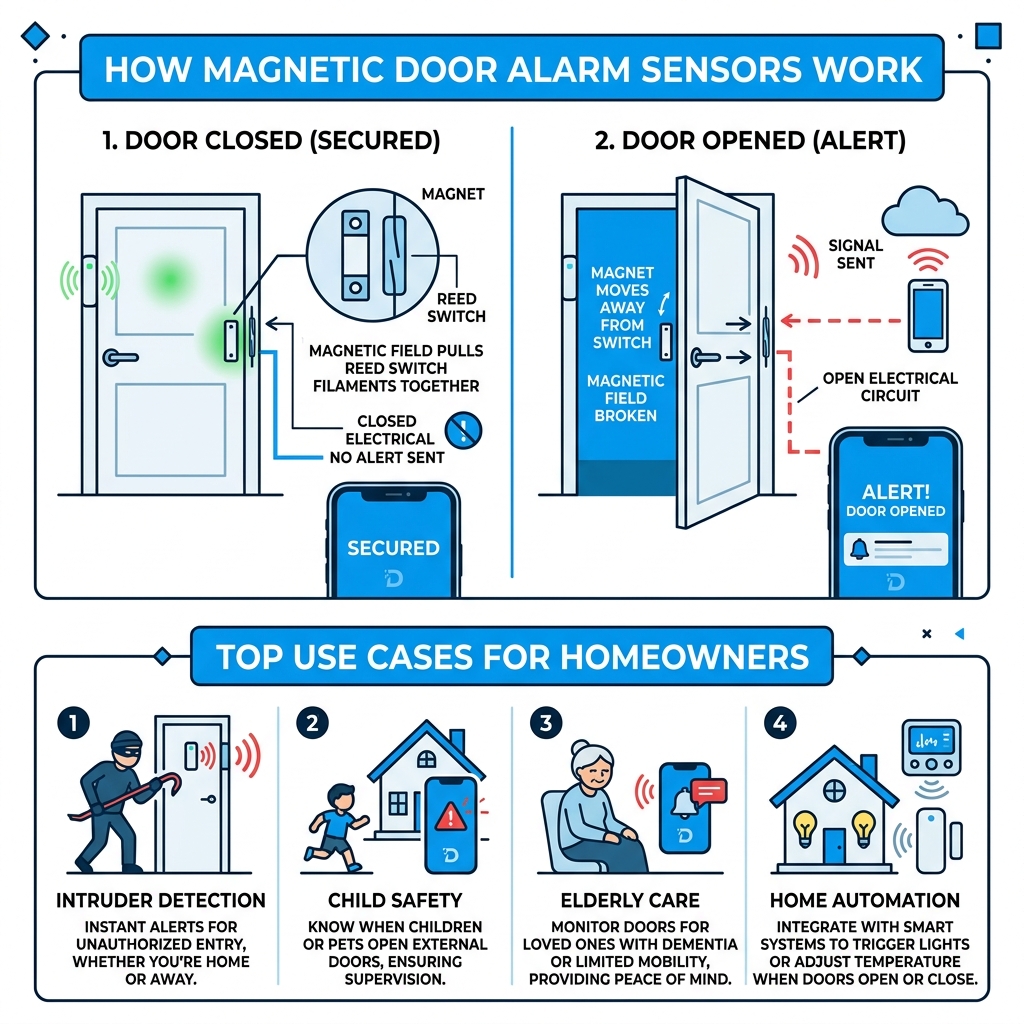 Infographic showing how magnetic door alarm sensors work and top use cases for homeowners - door alarm sensor infographic Infographic showing how magnetic door alarm sensors work and top use cases for homeowners - door alarm sensor infographic