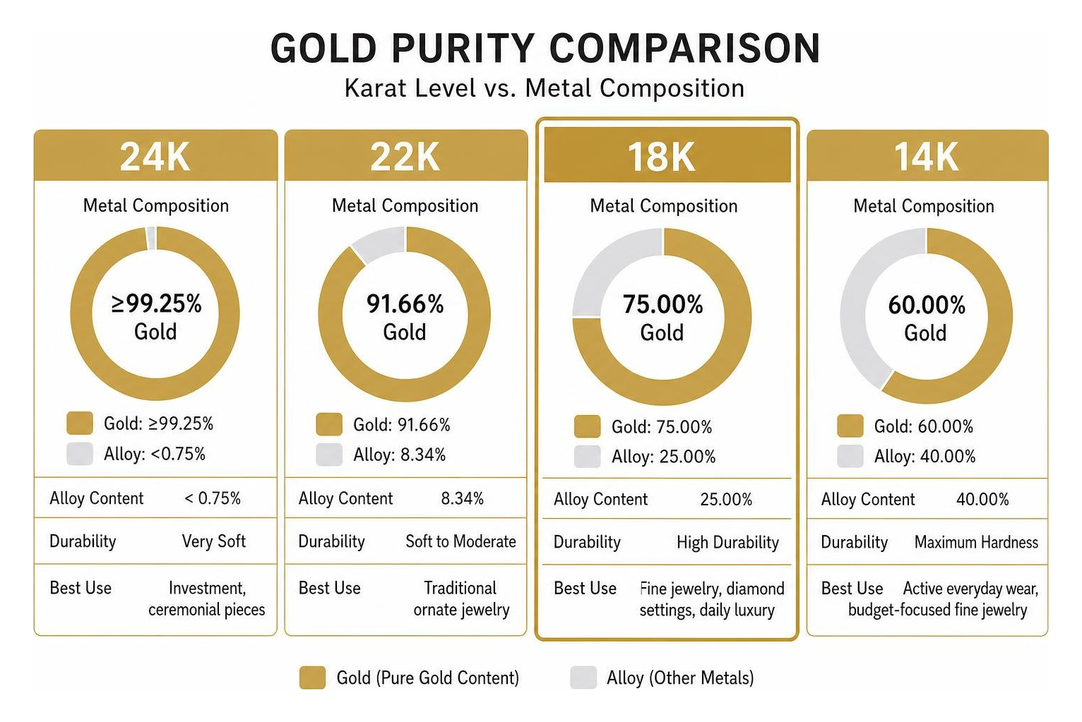 Gold purity comparison showing high-purity, fine jewelry alloy, and everyday alloy composition Gold purity comparison showing high-purity, fine jewelry alloy, and everyday alloy composition