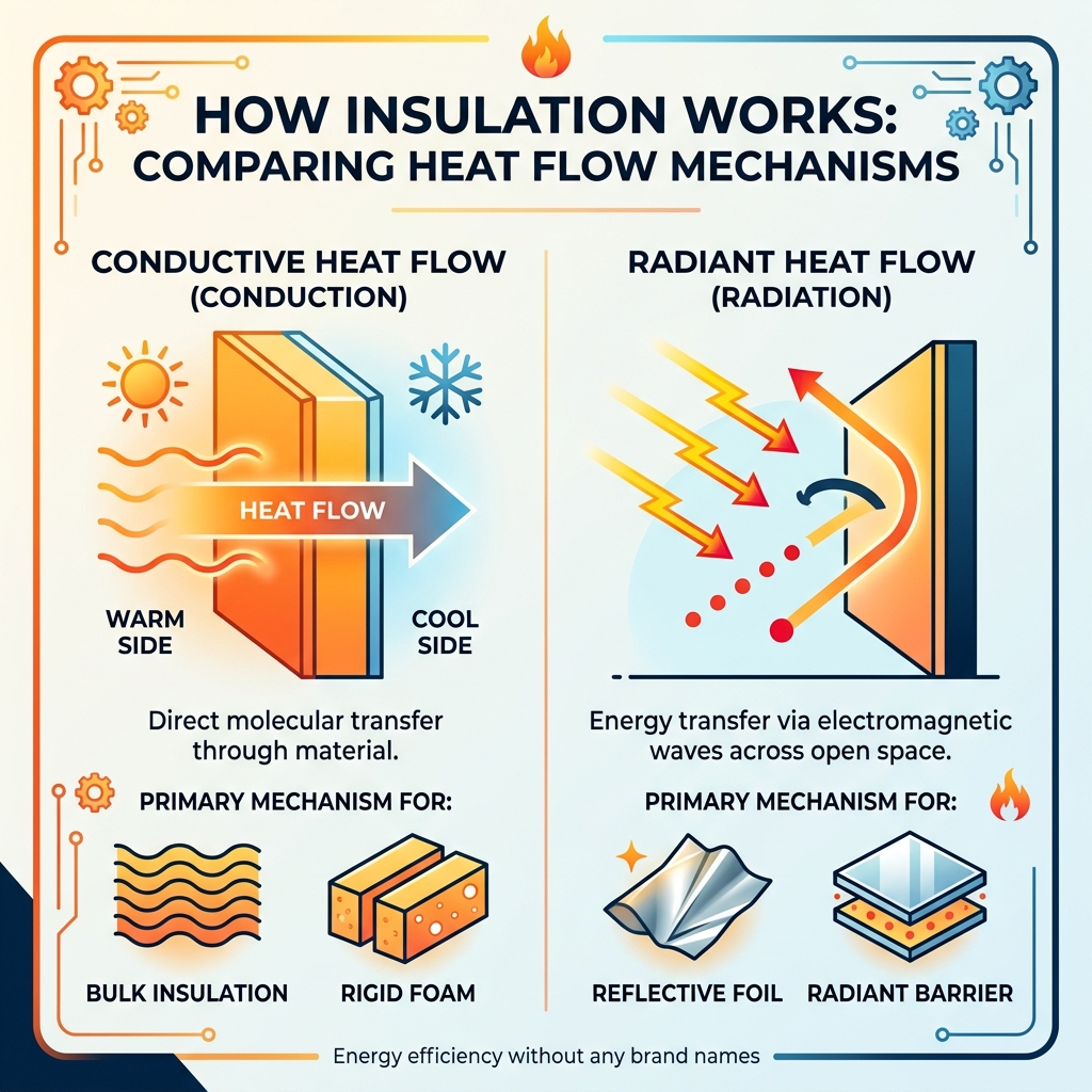 Infographic comparing conductive vs. radiant heat flow and insulation material types by mechanism - thermal insulation Infographic comparing conductive vs. radiant heat flow and insulation material types by mechanism - thermal insulation