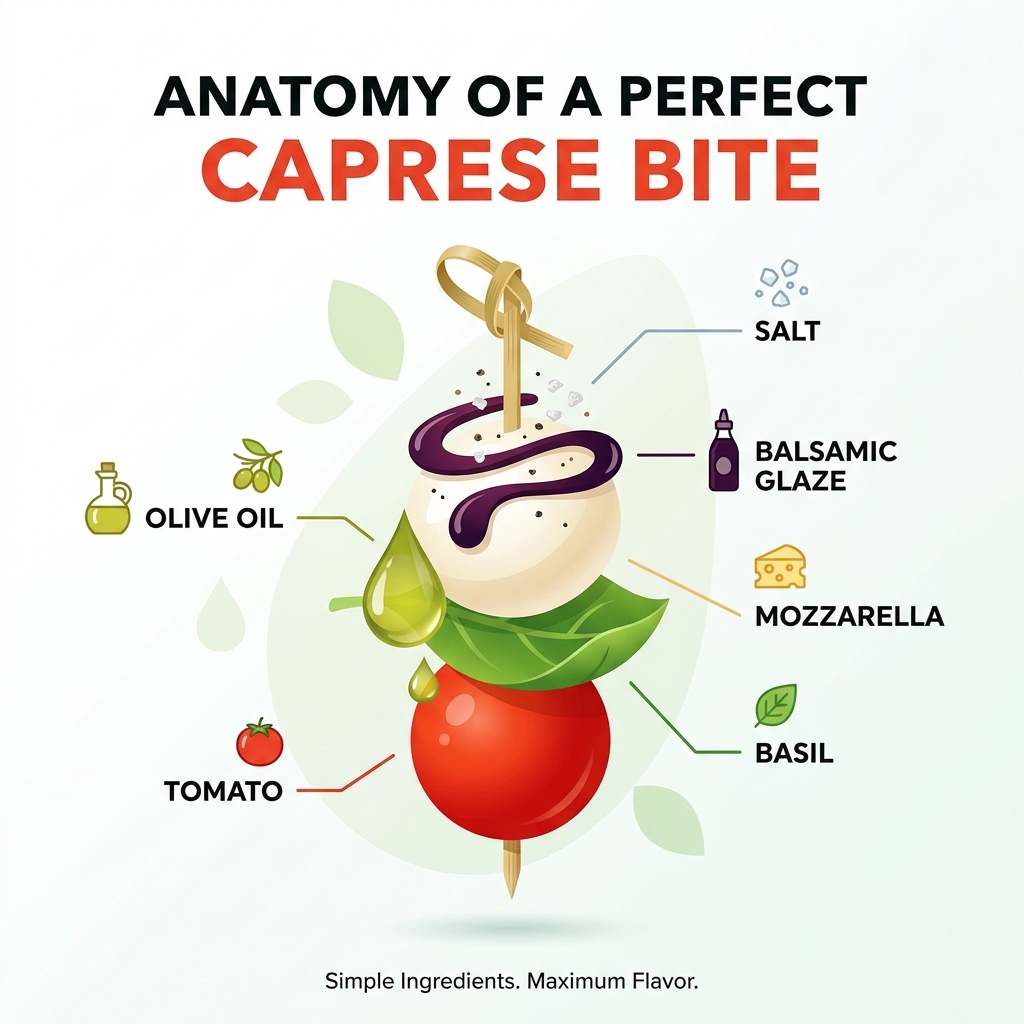 Anatomy of a perfect Caprese bite: tomato, basil, mozzarella, olive oil, balsamic glaze, salt - caprese salad appetizer
