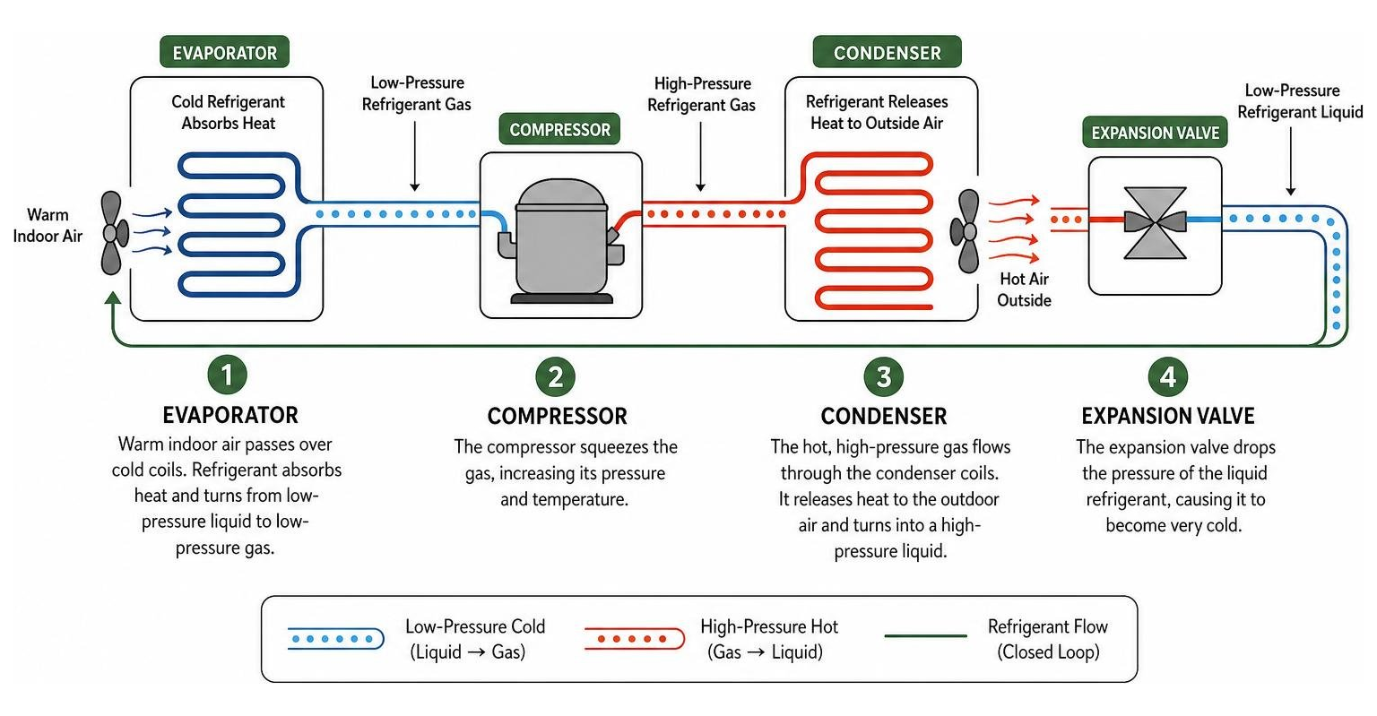 Step-by-step refrigeration process from evaporator to condenser Step-by-step refrigeration process from evaporator to condenser