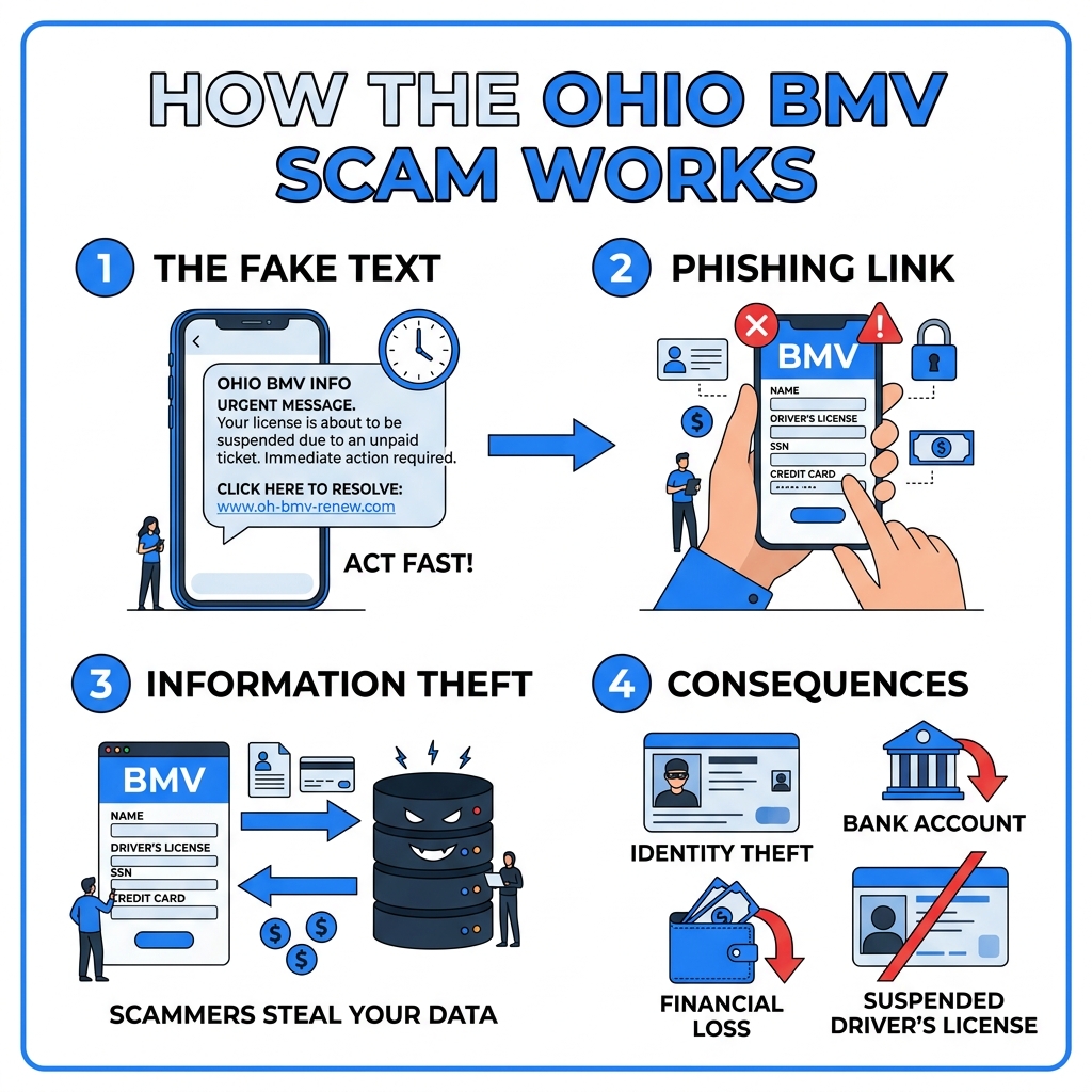 Infographic showing how Ohio BMV smishing scams target drivers with fake texts and phishing links - ohio bmv scam Infographic showing how Ohio BMV smishing scams target drivers with fake texts and phishing links - ohio bmv scam