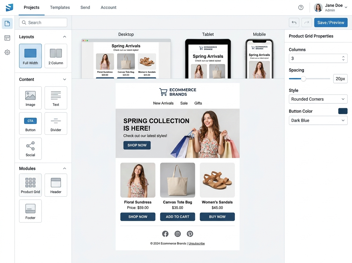 User-friendly drag-and-drop email editor showing a mobile-responsive ecommerce template - best email marketing automation
