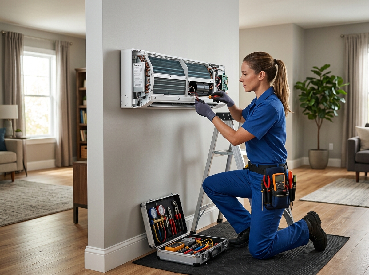 Certified HVAC technician in blue uniform working on an indoor AC unit - I'm looking for quotes from reputable companies for Certified HVAC technician in blue uniform working on an indoor AC unit - I'm looking for quotes from reputable companies for
