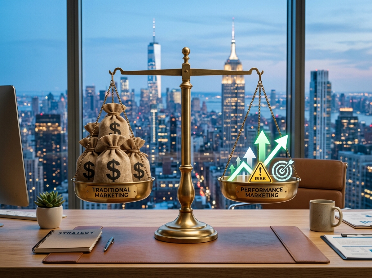 traditional vs performance marketing risk balance scale - performance based marketing agency
