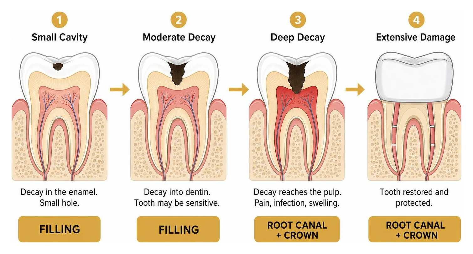 Diagram showing the progression from a small cavity (filling) to deep decay (root canal/crown)