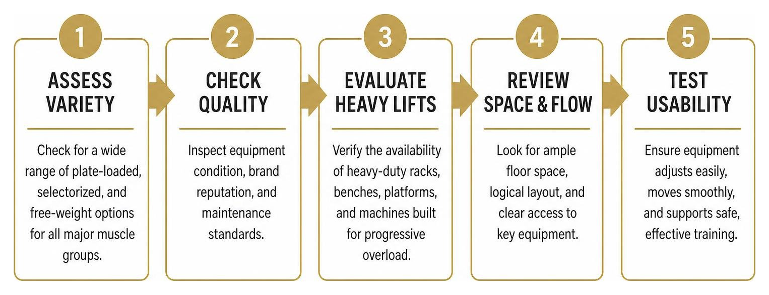 Process for evaluating heavy equipment quality at bodybuilding gyms