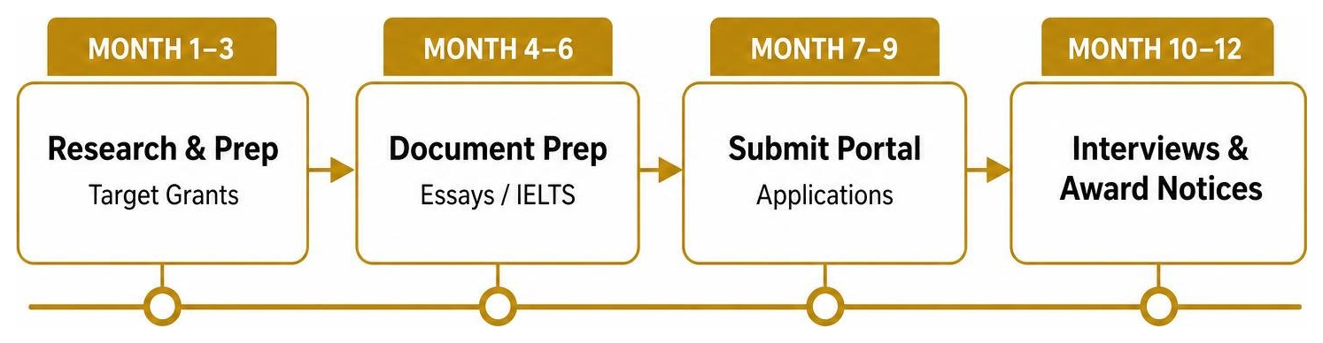Visual step-by-step application timeline for international government scholarships