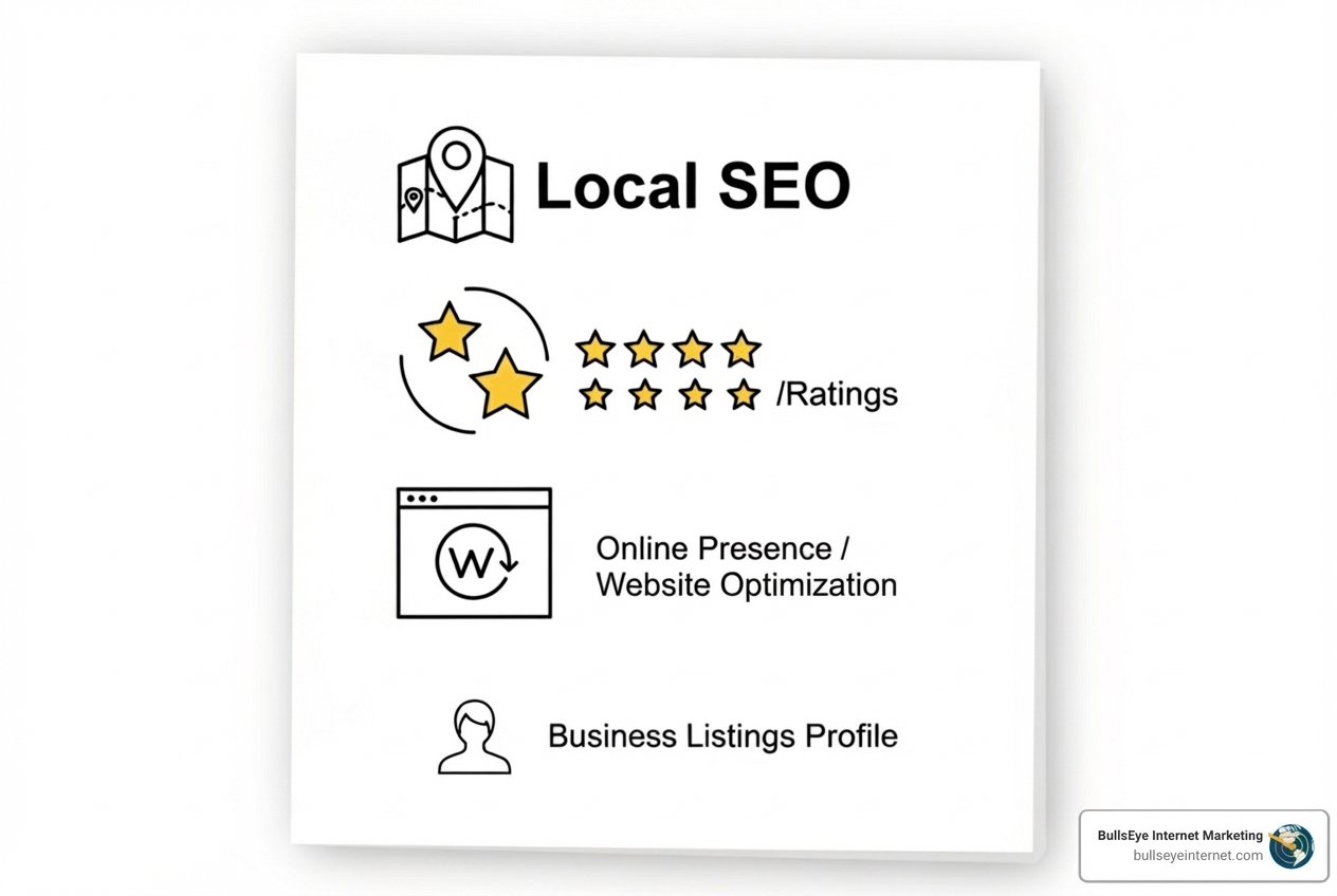 Checklist showing the core components of local SEO - Local SEO services Local SEO graphic featuring a map pin, five-star ratings, online presence/website optimization, and business listings profile, representing essential components of local SEO strategy by BullsEye Internet Marketing.