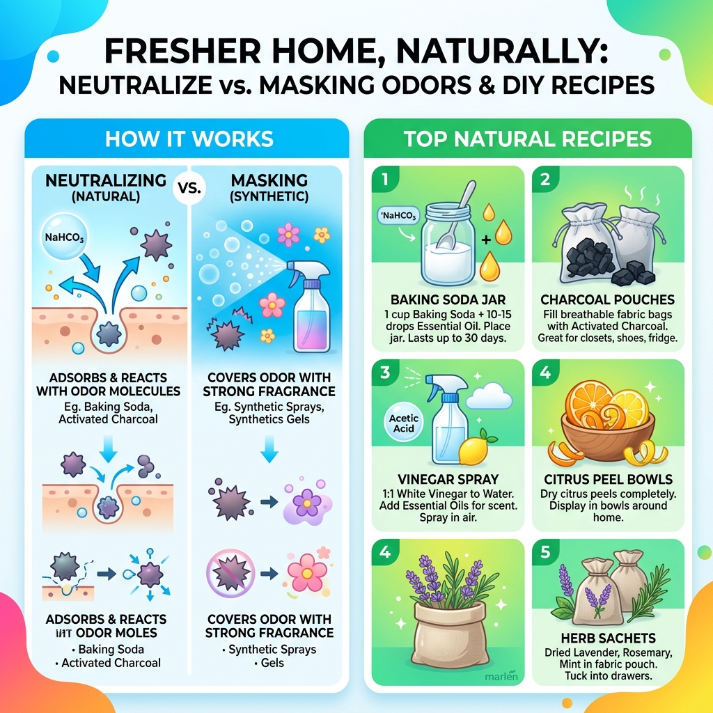 Infographic showing how natural odor absorbers neutralize vs. mask odors with top DIY recipes - homemade natural odor Infographic showing how natural odor absorbers neutralize vs. mask odors with top DIY recipes - homemade natural odor