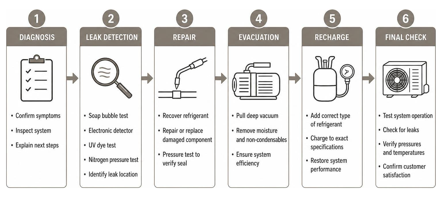 AC leak detection and repair process flow from diagnosis to recharge