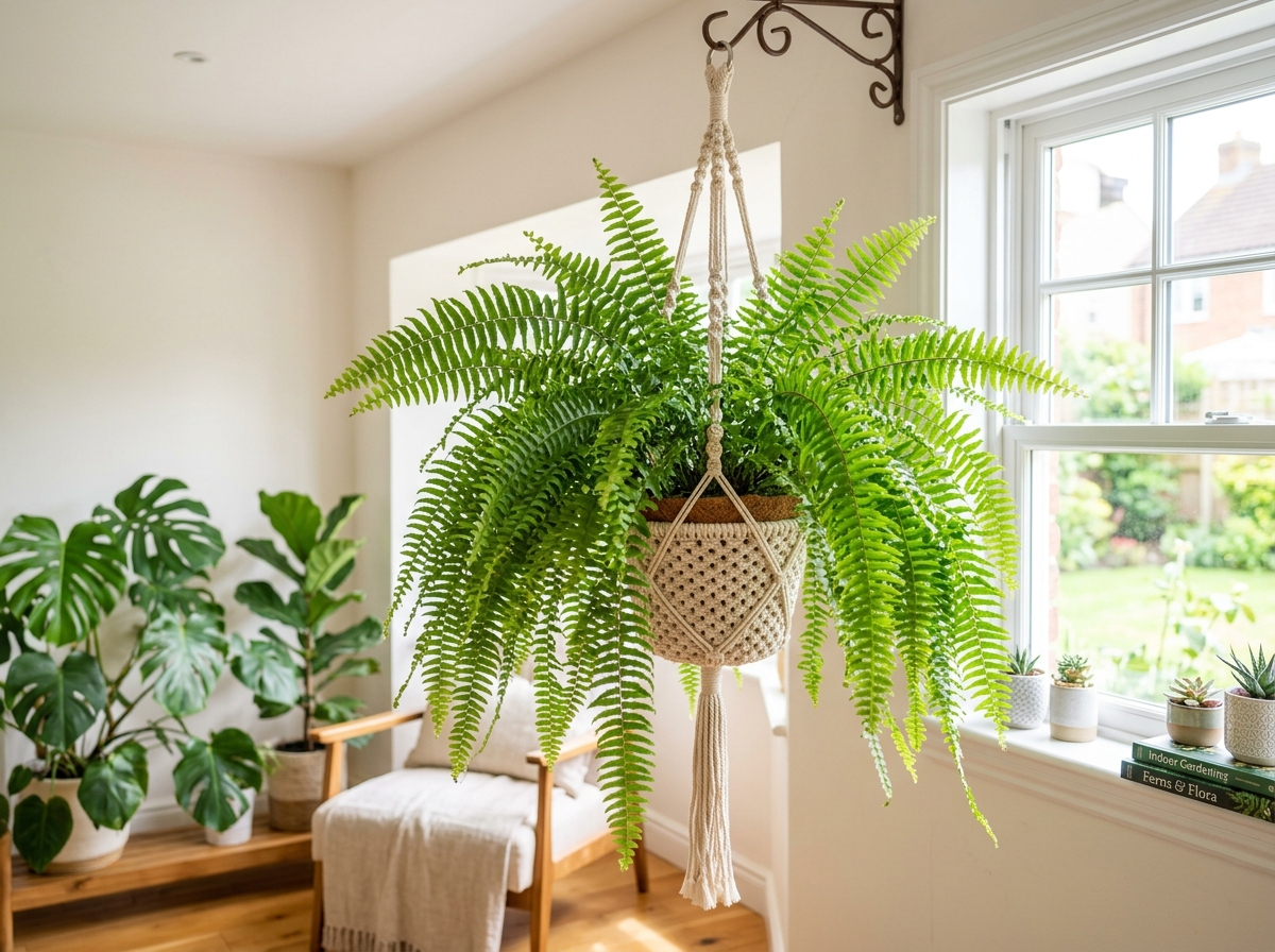 Vibrant Boston fern in a hanging basket showing lush green fronds - best fern for indoors Vibrant Boston fern in a hanging basket showing lush green fronds - best fern for indoors