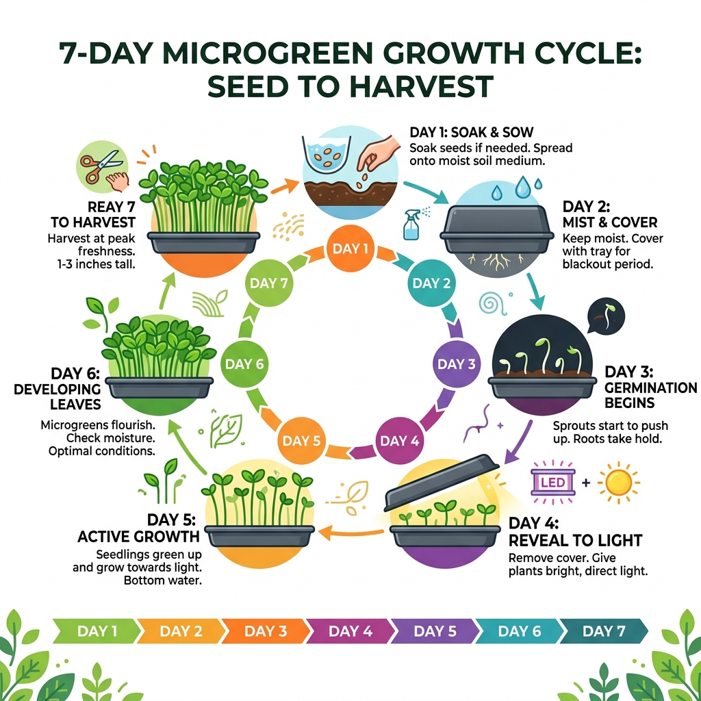 7-day microgreen growth cycle from seed to harvest infographic - diy microgreen kit infographic 