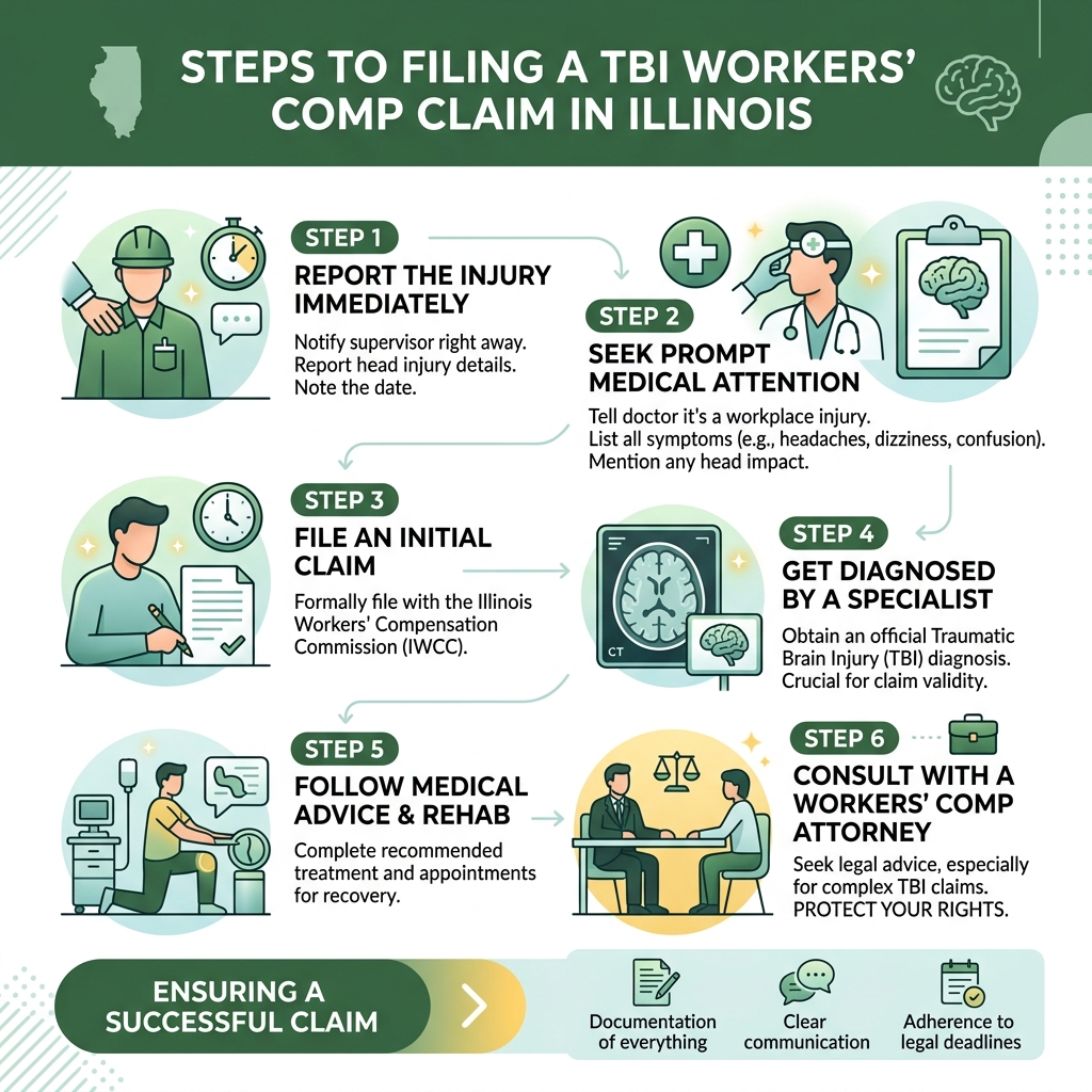 Steps to filing a TBI workers' comp claim in Illinois infographic - workers comp brain injury infographic 