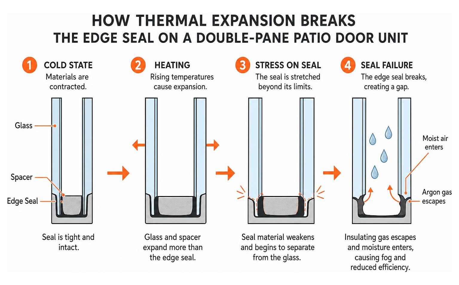 Diagram showing how thermal expansion breaks the edge seal on a double-pane patio door unit