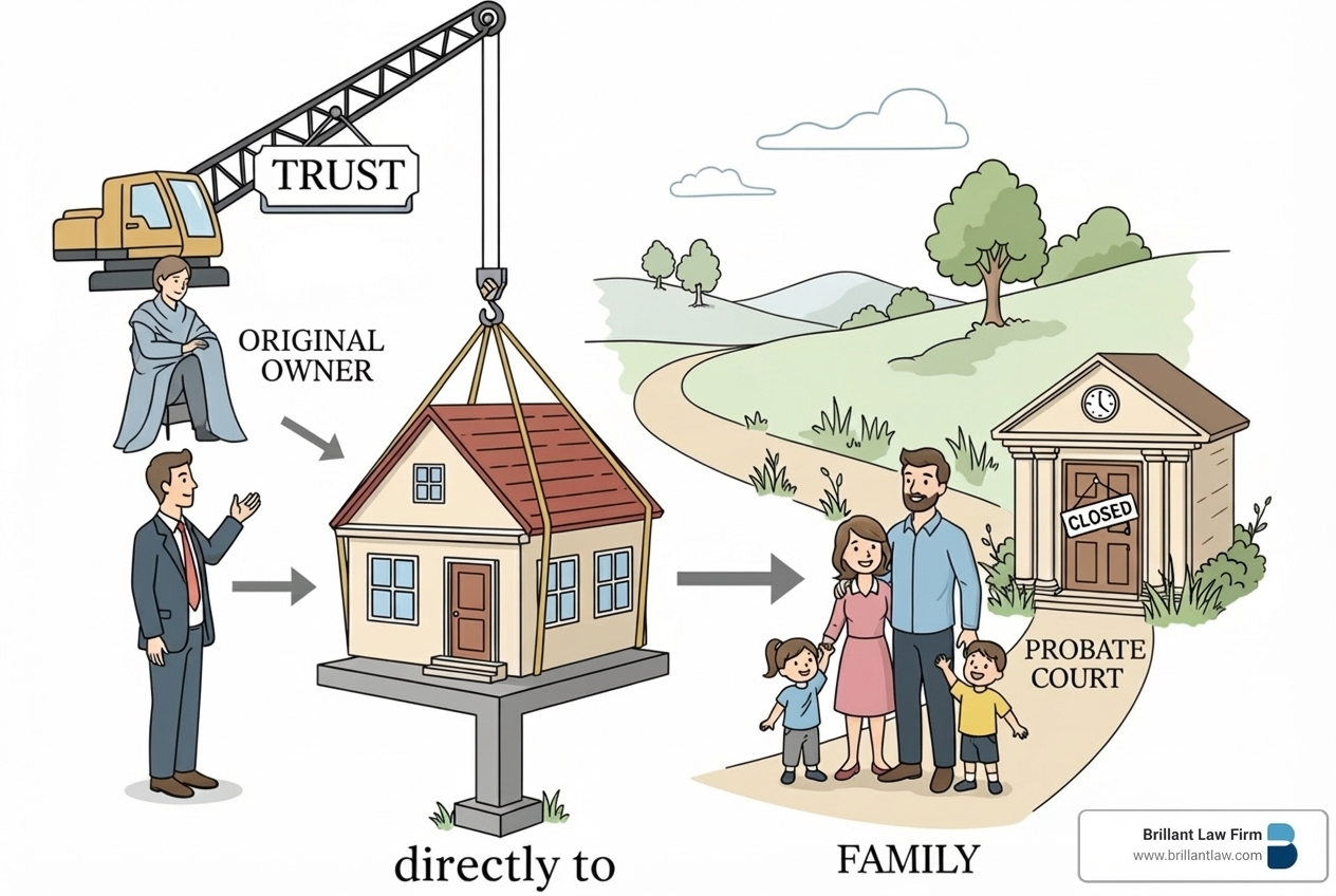 A flowchart showing how a property moves into a trust and then to beneficiaries, bypassing probate court, with icons for documents, family, and a judge's gavel with a red X over it - estate planning real estate A flowchart showing how a property moves into a trust and then to beneficiaries, bypassing probate court, with icons for documents, family, and a judge's gavel with a red X over it - estate planning real estate