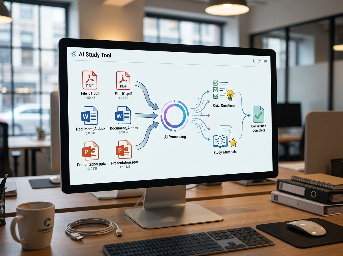 AI processing various document formats like PDF, Word, and PowerPoint to create study materials - ai quiz practice maker AI processing various document formats like PDF, Word, and PowerPoint to create study materials - ai quiz practice maker