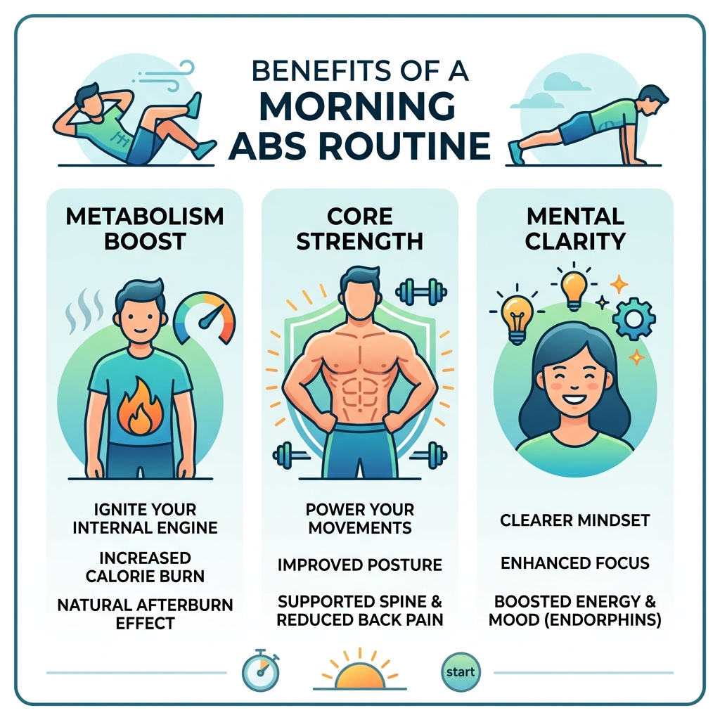 Benefits of morning abs routine including metabolism boost, core strength, and mental clarity - easy dawn abs routine