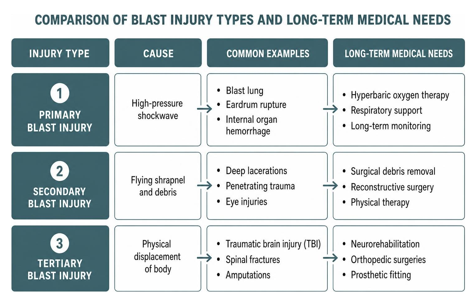 comparison of blast injury types and long-term medical needs