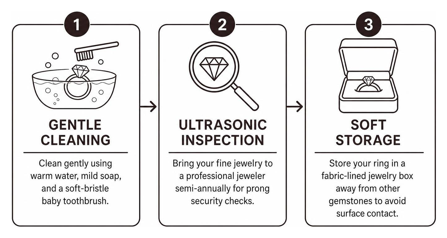 diamond care routine: gentle cleaning, ultrasonic inspection, and soft storage
