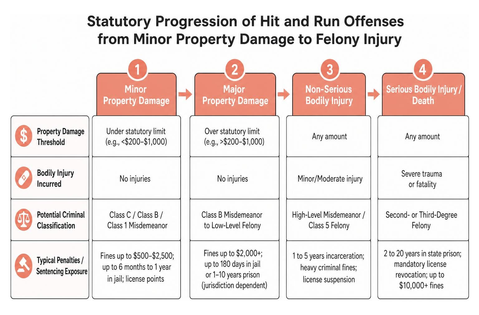 Statutory progression of hit and run offenses from minor property damage to felony injury