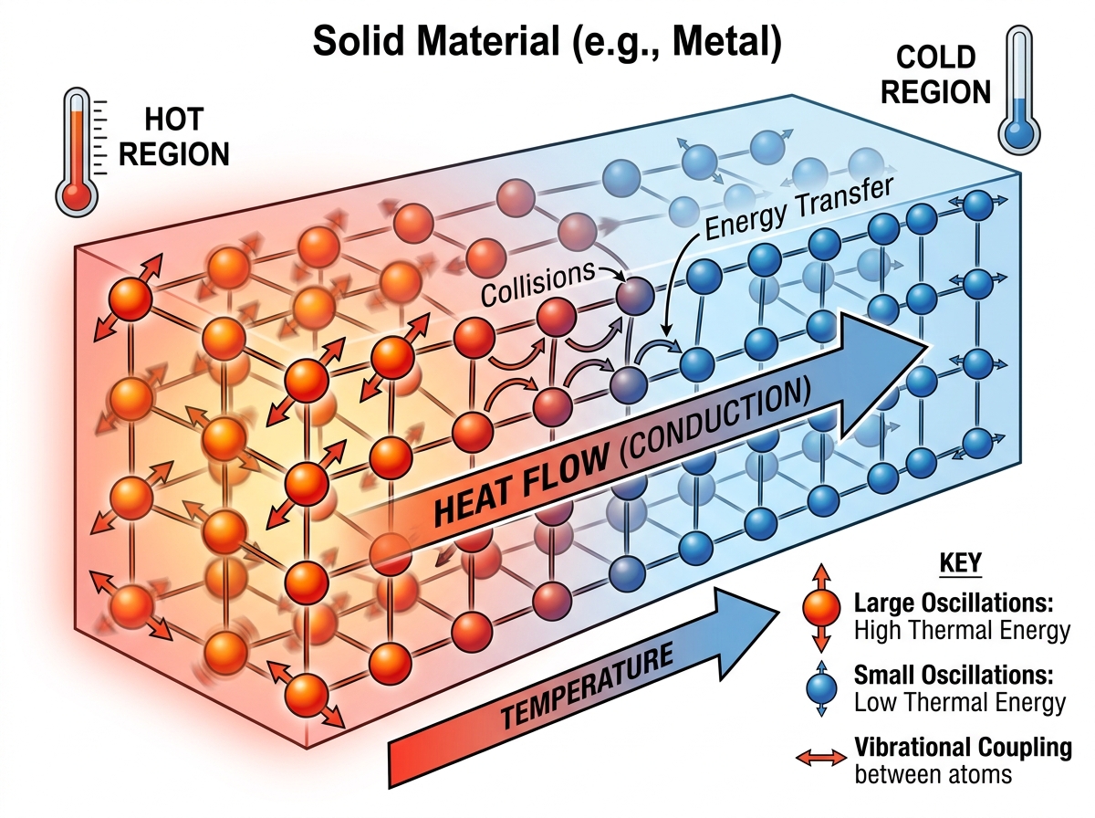 Illustration of heat flow through a solid material showing molecular vibration transfer - insulation thermal conductivity