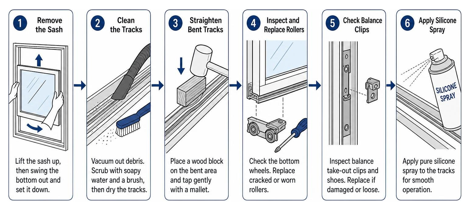 step-by-step process of cleaning track realigning home window and applying silicone spray