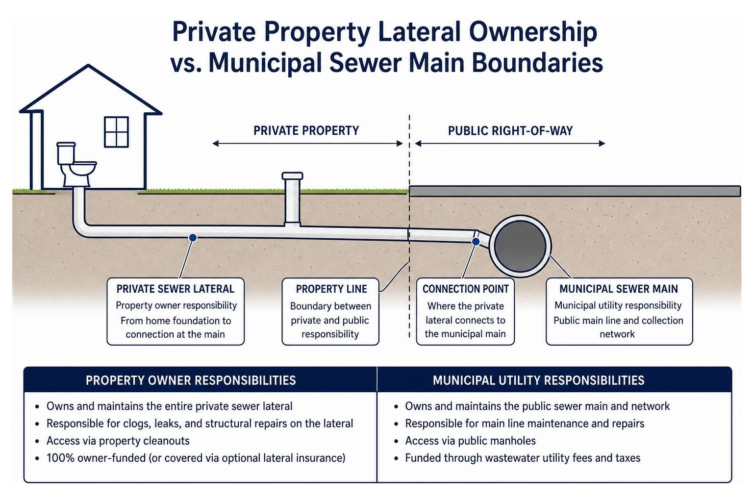 Comparison diagram showing private property lateral ownership versus municipal sewer main boundaries Comparison diagram showing private property lateral ownership versus municipal sewer main boundaries