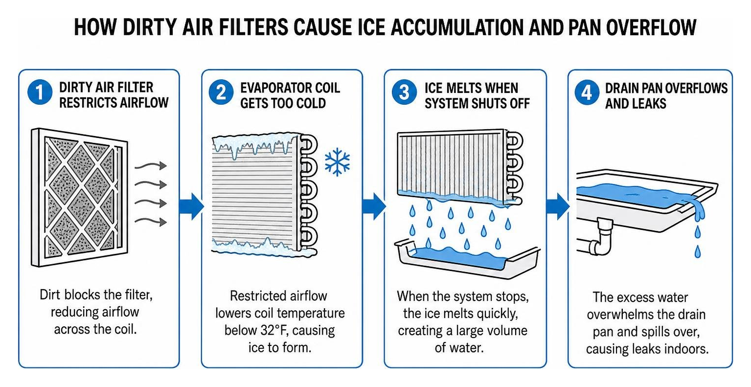 Diagram showing how dirty air filters cause ice accumulation and pan overflow Diagram showing how dirty air filters cause ice accumulation and pan overflow