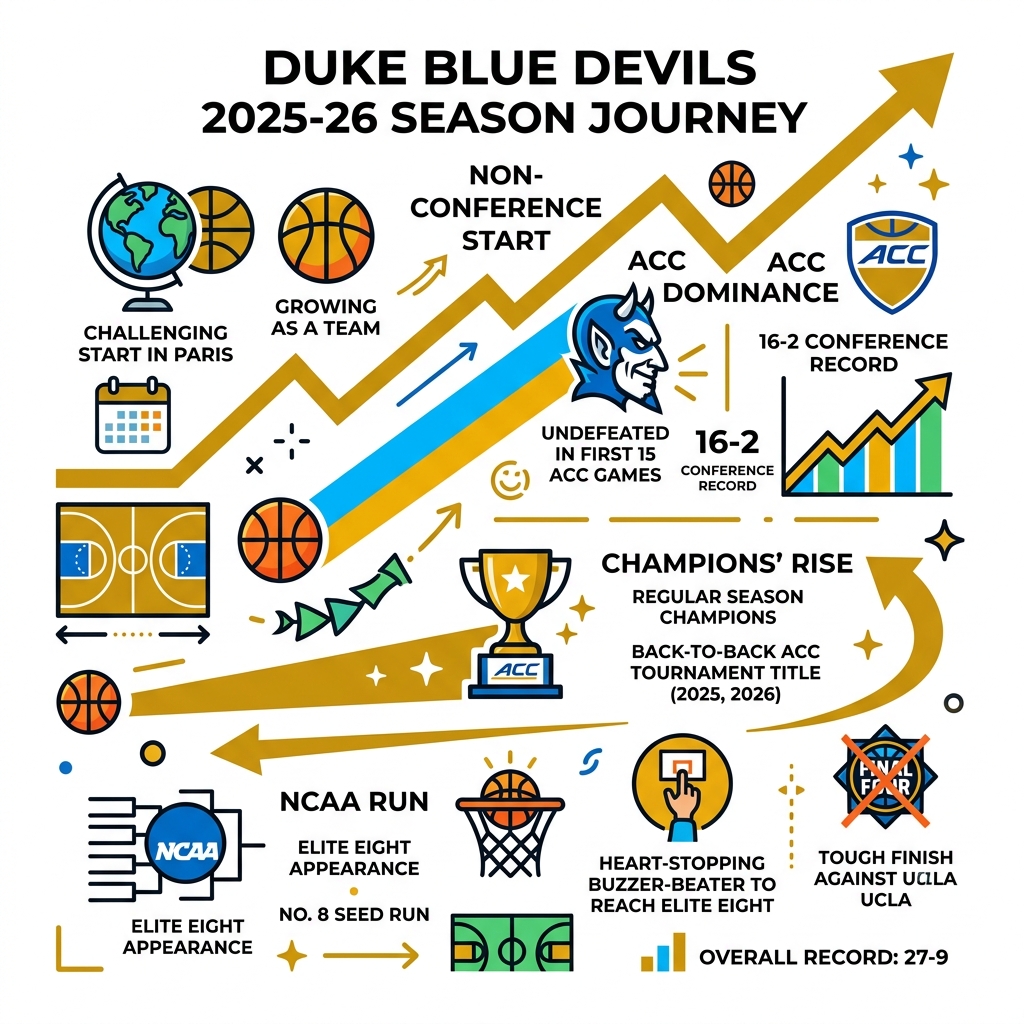 Duke Blue Devils 2025-26 season trajectory, key milestones, ACC title, and NCAA tournament run infographic - duke blue
